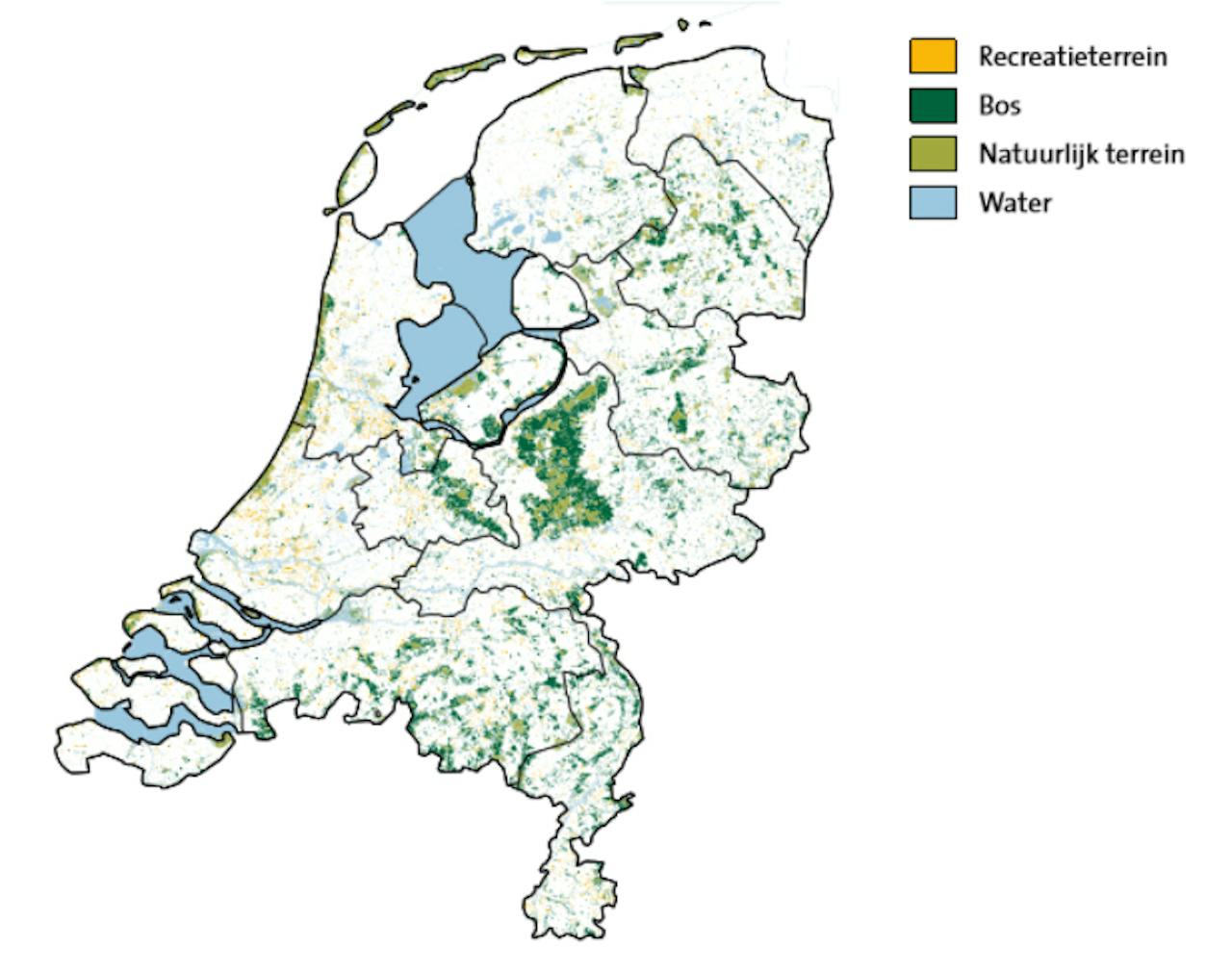 Een kaart van Nederland. Recreatieterrein, natuurlijk terrein en bos zijn met kleuren ingetekend.