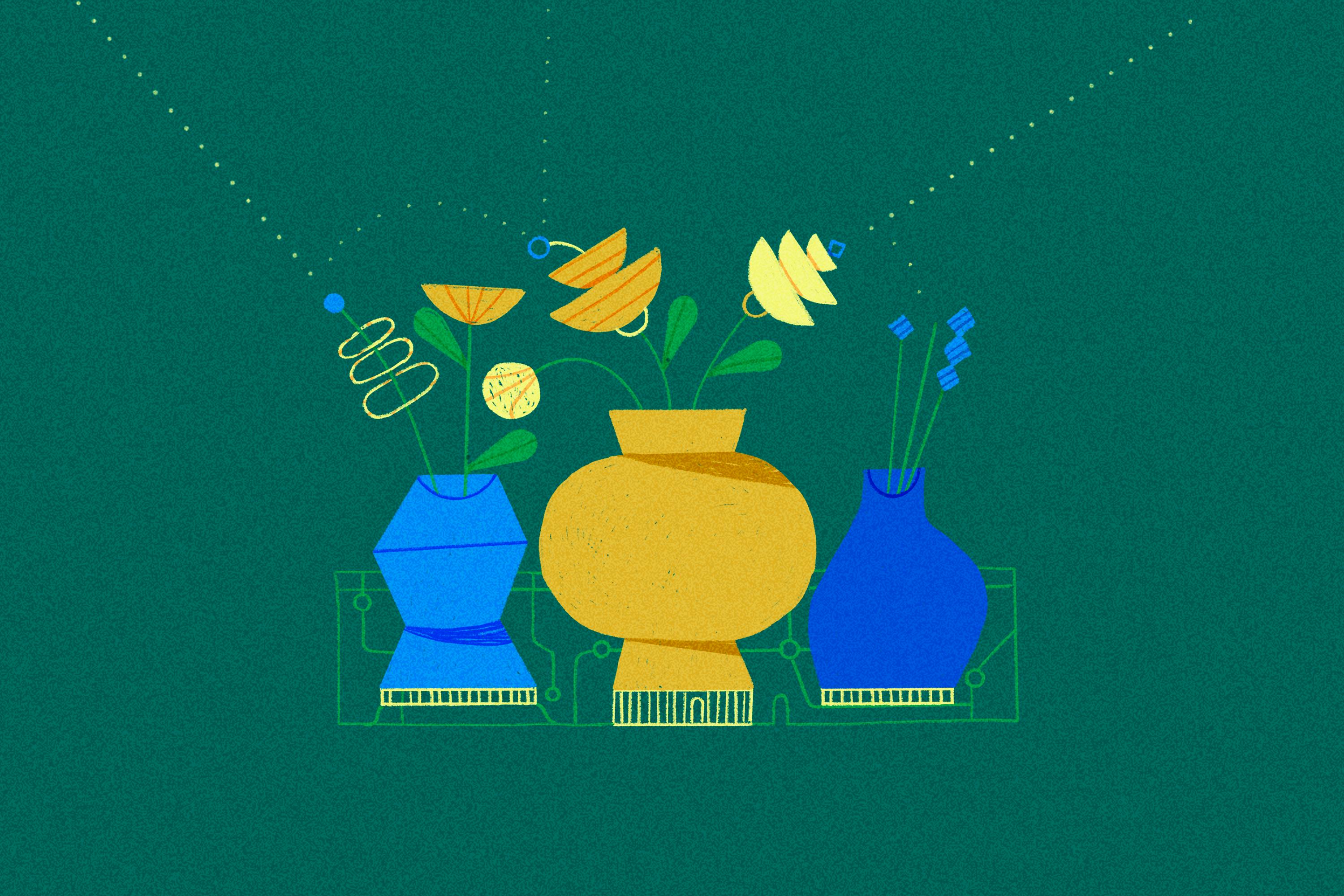 Tekening met vazen en bloemen die werken als antennes