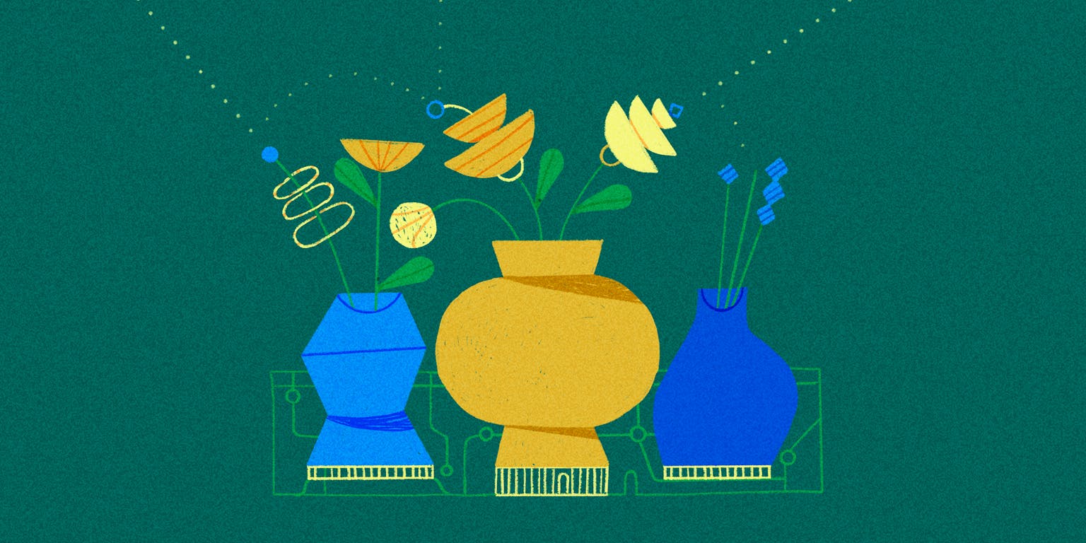 Tekening met vazen en bloemen die werken als antennes