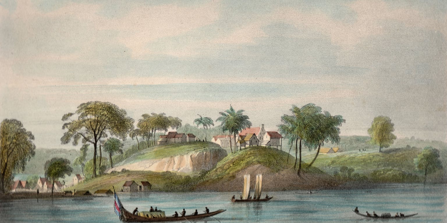 Een prent uit het boek 'Voyage à Surinam' door de Belgische reiziger en tekenaar Pierre Jacques Benoit. Op de prent zijn bootjes op een meer afgebeeld, met op de achtergrond heauvels met daarop huizen en palmbomen.