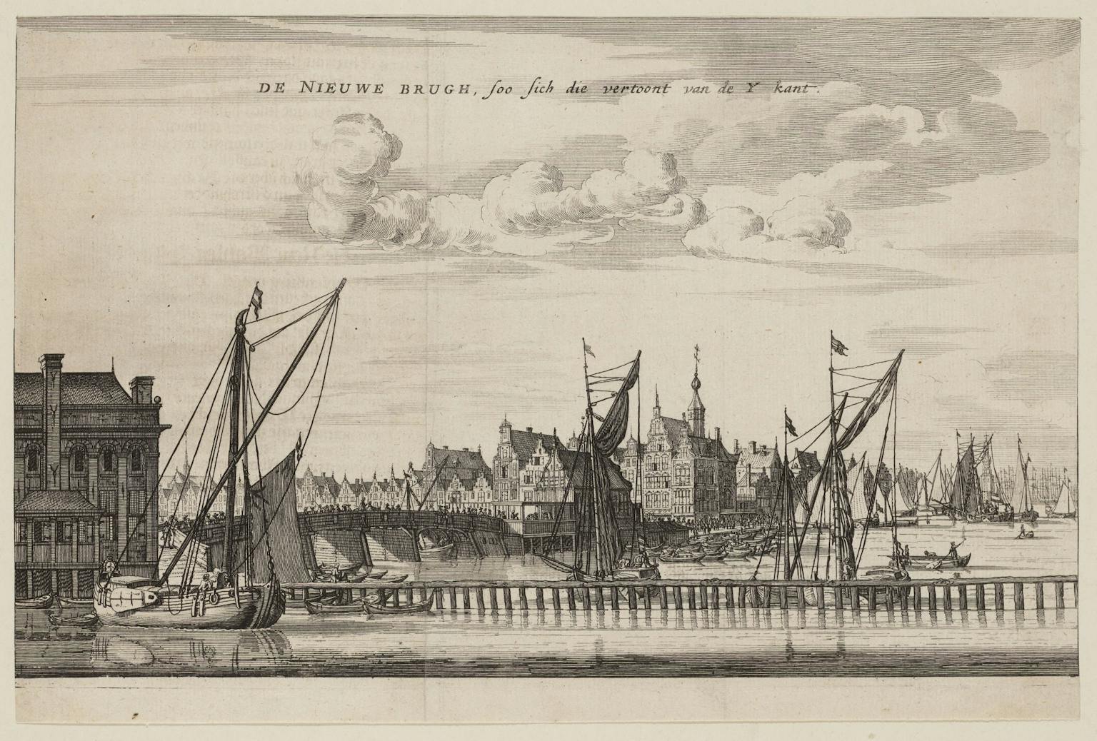 Gezicht op de Nieuwe Brug met het Paalhuis, gezien vanaf het IJ, 1663.