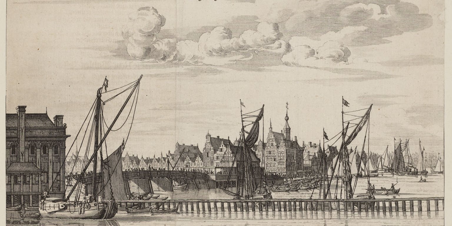 Gezicht op de Nieuwe Brug met het Paalhuis, gezien vanaf het IJ, 1663.