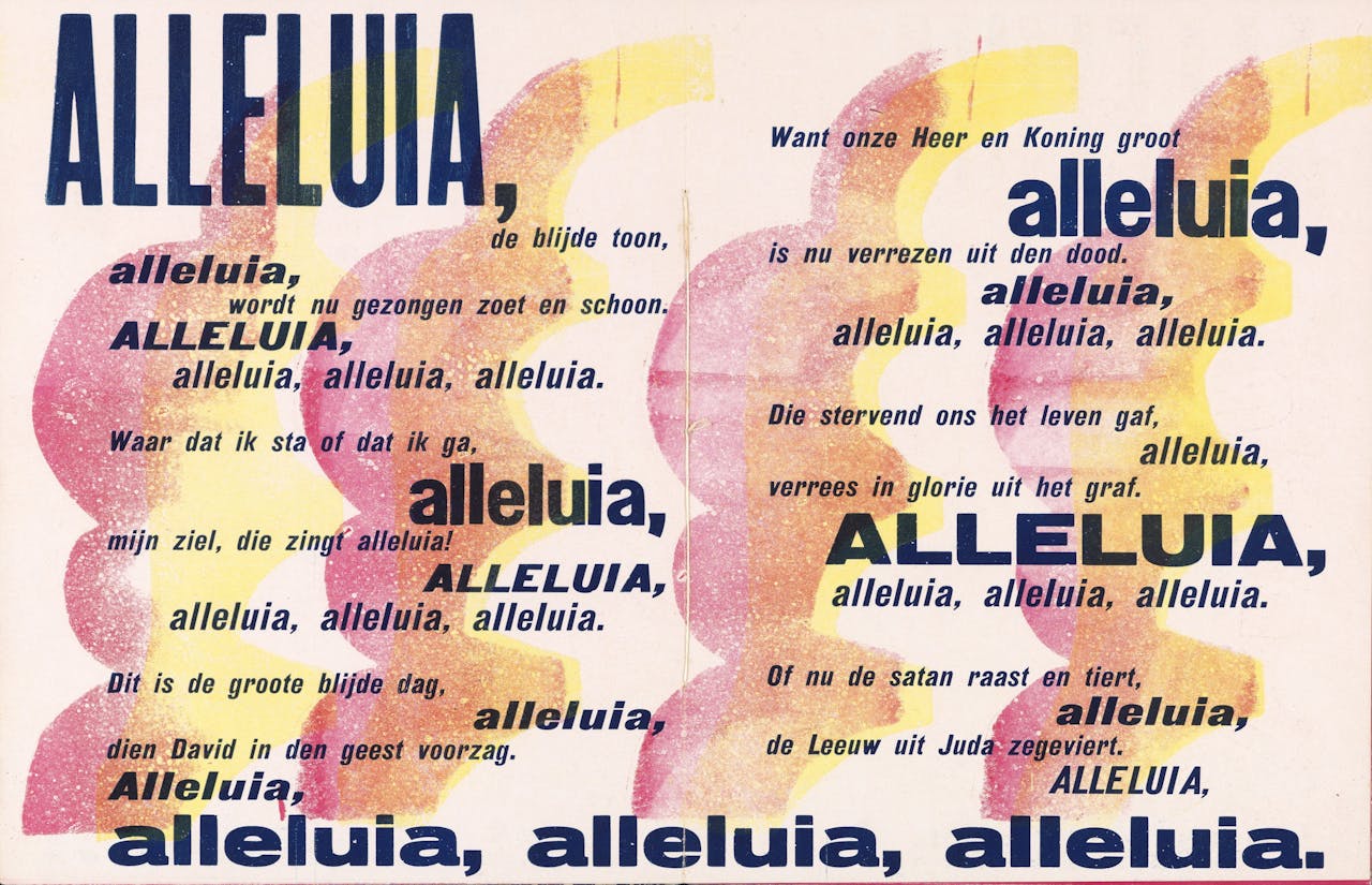 Een poster met veel tekst. Het woord alleluia is meerdere keren uitvergroot.