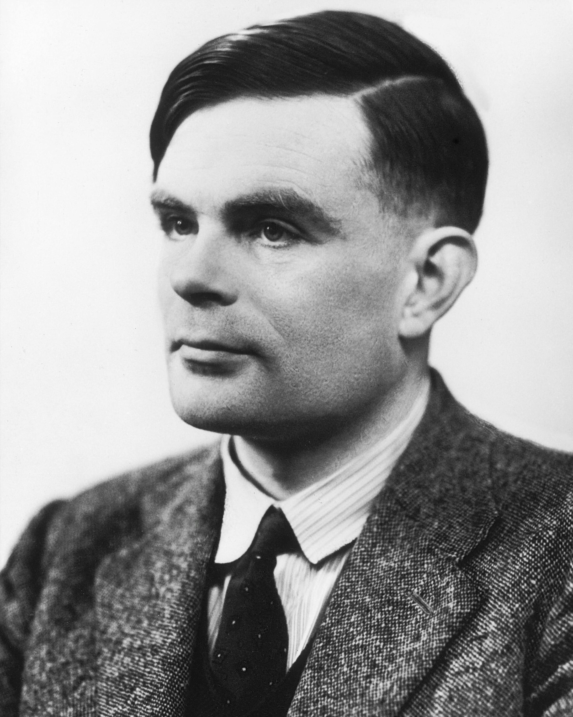 Een zwart-wit portret van wiskundige Alan Turing.