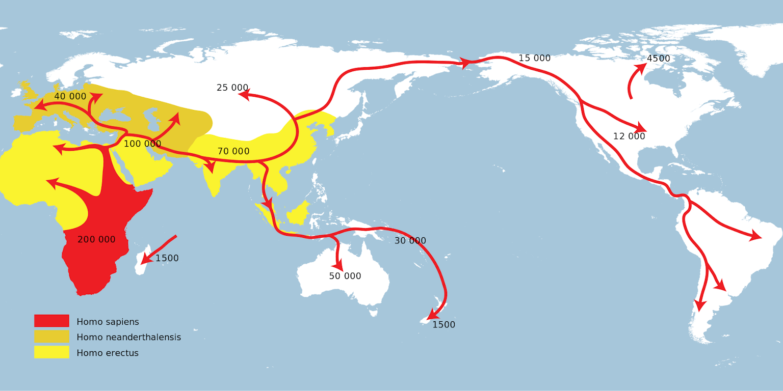 Een kaart die de verspreidingsroutes van de eerste mens toont.