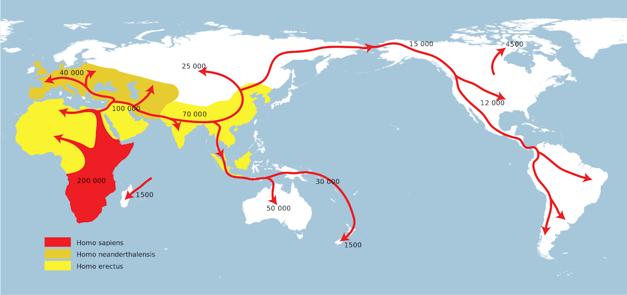 Een kaart die de verspreidingsroutes van de eerste mens toont.
