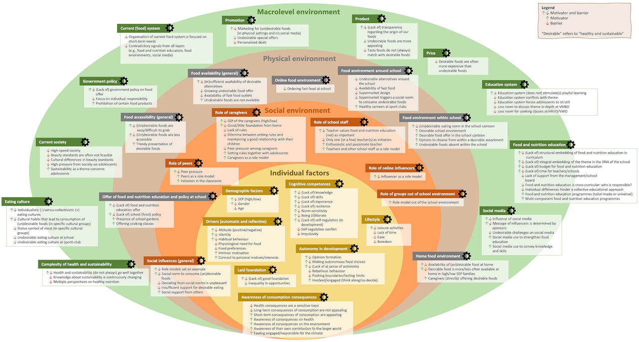 Engelstalig model in verschillende kleuren met redenen om wel of niet gezond en duurzaam te eten met betrekking tot tieners. Het gaat om individuele factoren, de sociale omgeving, de fysieke omgeving en de macroomgeving van tieners die op elkaar van invloed zijn
