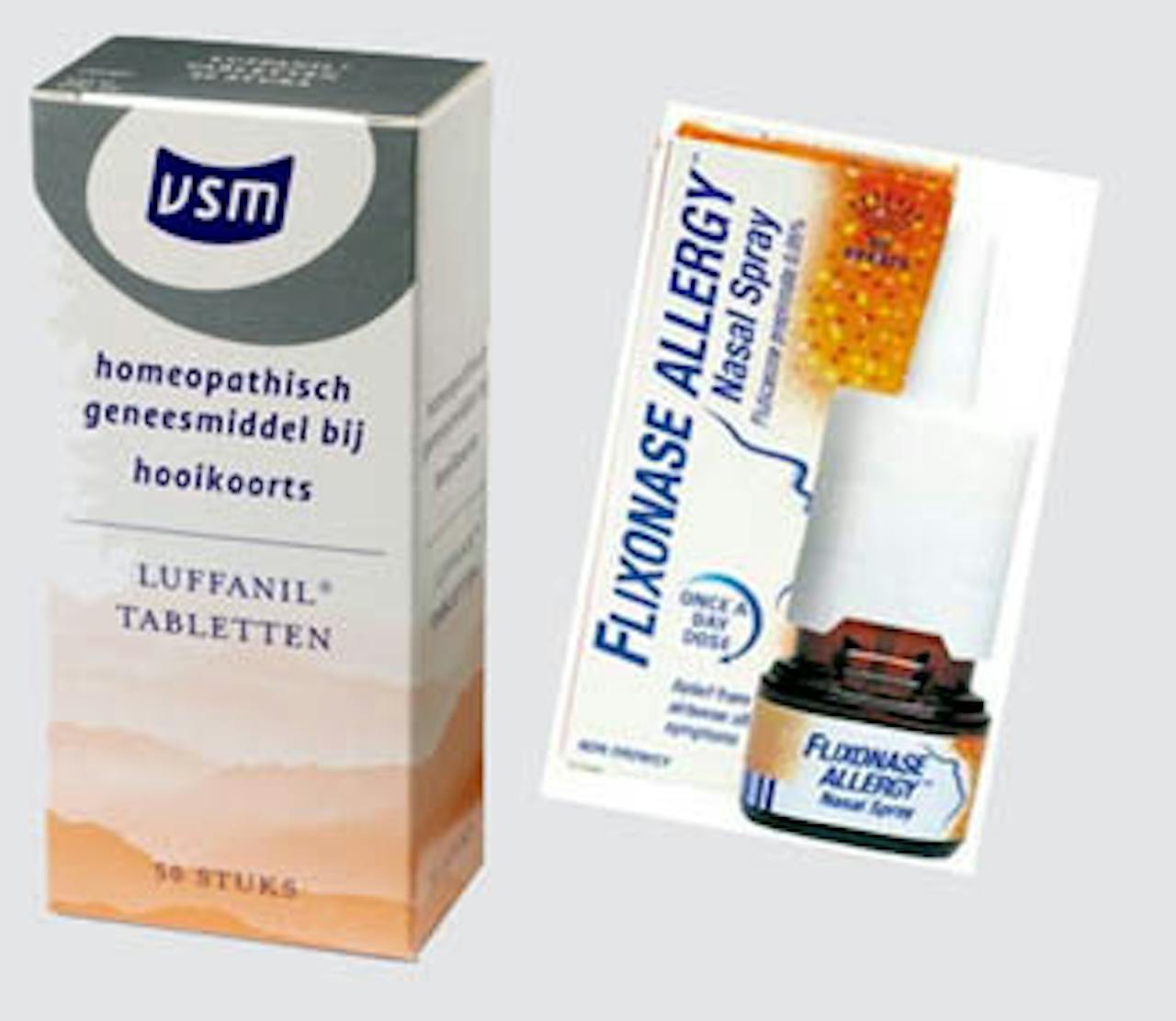 Twee middelen tegen hooikoorts: Luffanil-tabletten en Flixonase Allergy.