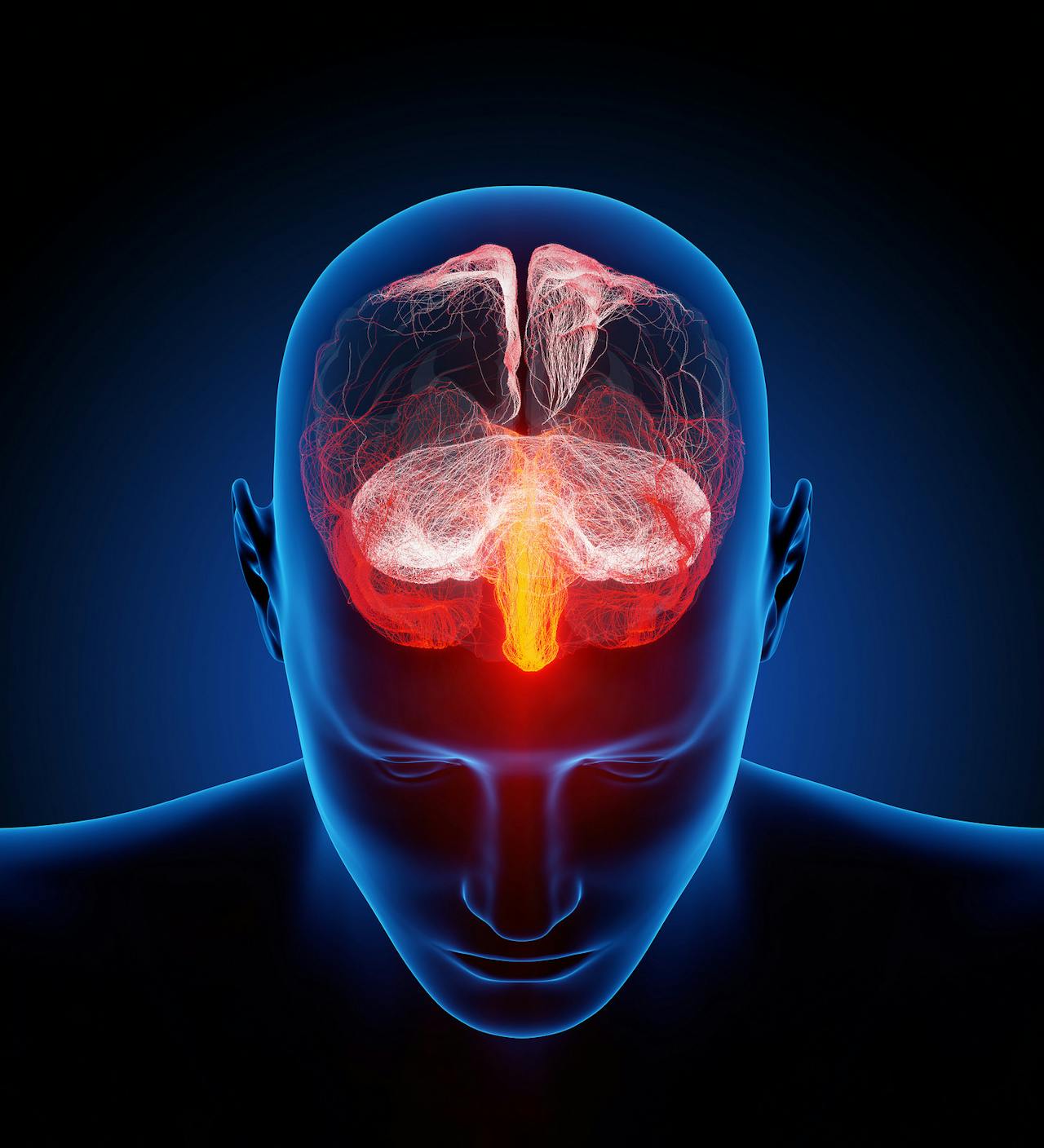Een digitale afbeelding van het hoofd van een persoon. De hersenen lichten rood op.