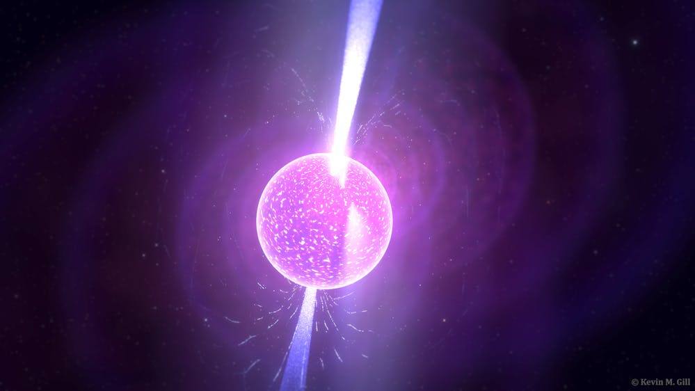 Een impressie van een neutronenster: een zeer compact overblijfsel van de kern van een zware ster nadat hij is geëxplodeerd. Een neutronenster is slechts enkele tientallen kilometers groot, maar heeft doorgaans meer massa dan onze zon.