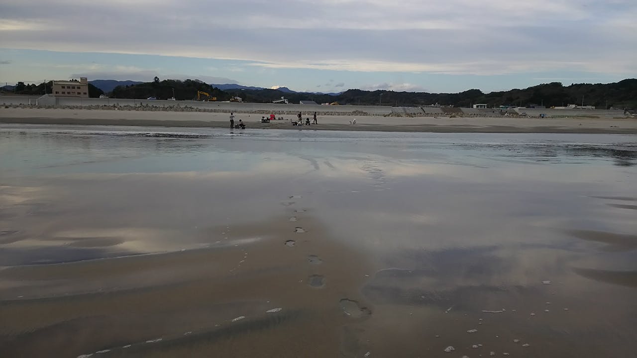 Voetafdrukken in het natte zand op een strand.