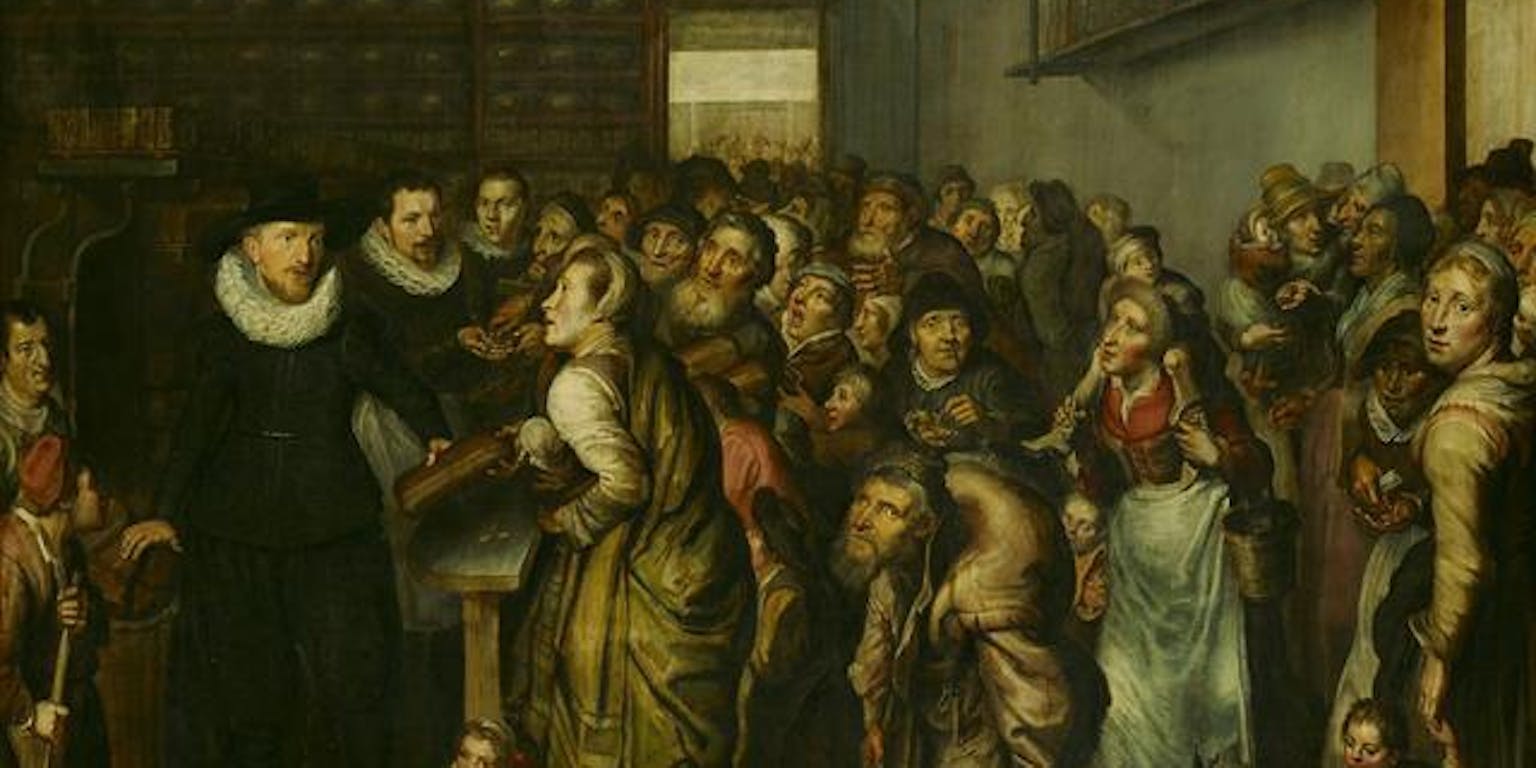 Een schilderij van een groep mensen in het Aalmoezeniershuis.