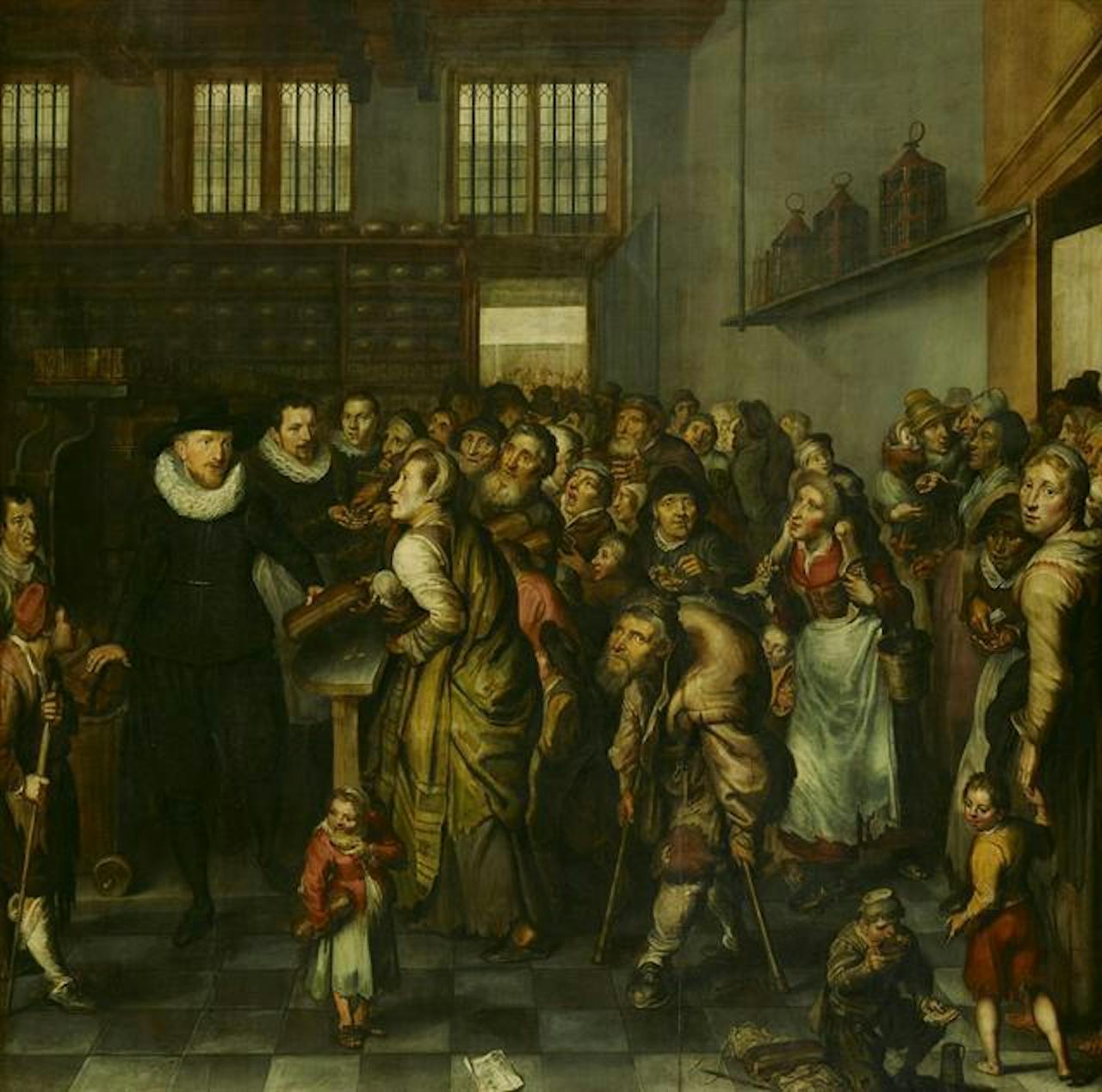 Een schilderij van een groep mensen in het Aalmoezeniershuis.