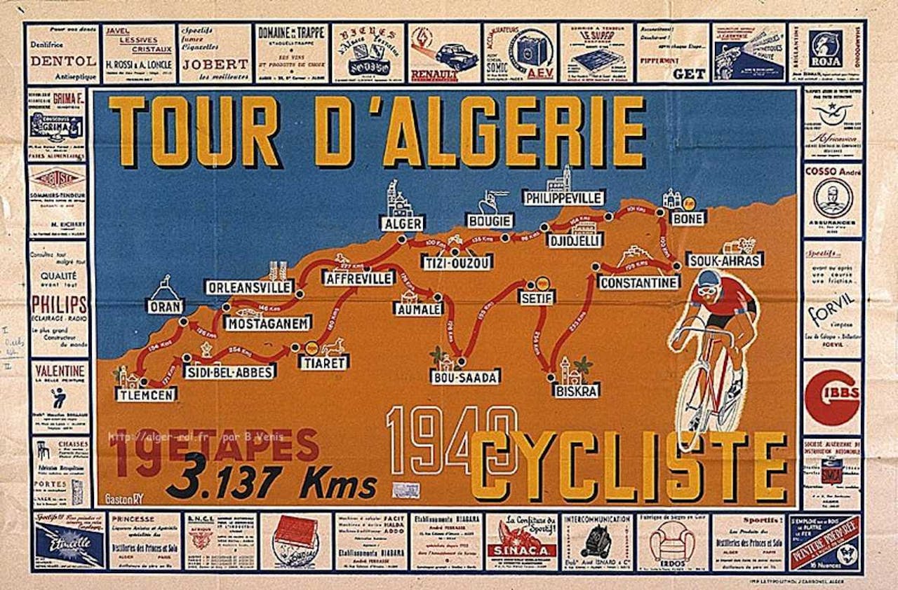 Affiche van de eerste Ronde van Algerije, 1949 Een poster voor de wielerwedstrijd Tour d'Algerie.