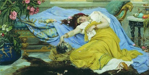 Op dit schilderij van Pavel Svedomsky, vermaakt Fulvia zich met het afgehakte hoofd van Cicero. Schilderij van Pavel Svedomsky, dat Fulvia toont met het afgehakte hoofd van Cicero