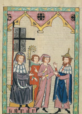 Een illustratie van een groep Antisemitismen in middeleeuwse kleding.