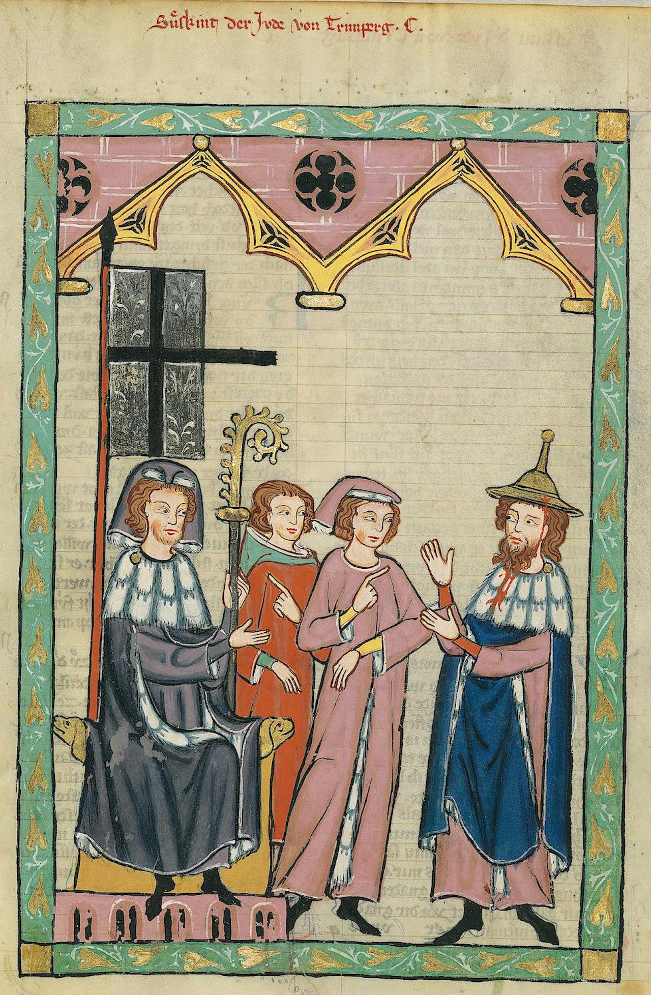 Een illustratie van een groep Antisemitismen in middeleeuwse kleding.
