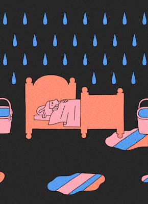 Illustratie van iemand die in bed ligt met regeldruppels en emmers met water om zich heen.