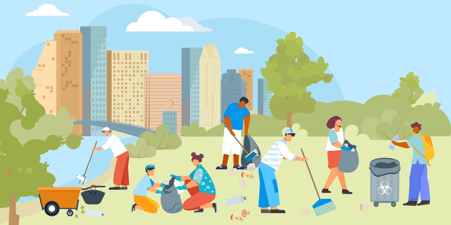 Een illustratie van een groep mensen die een park opruimt.