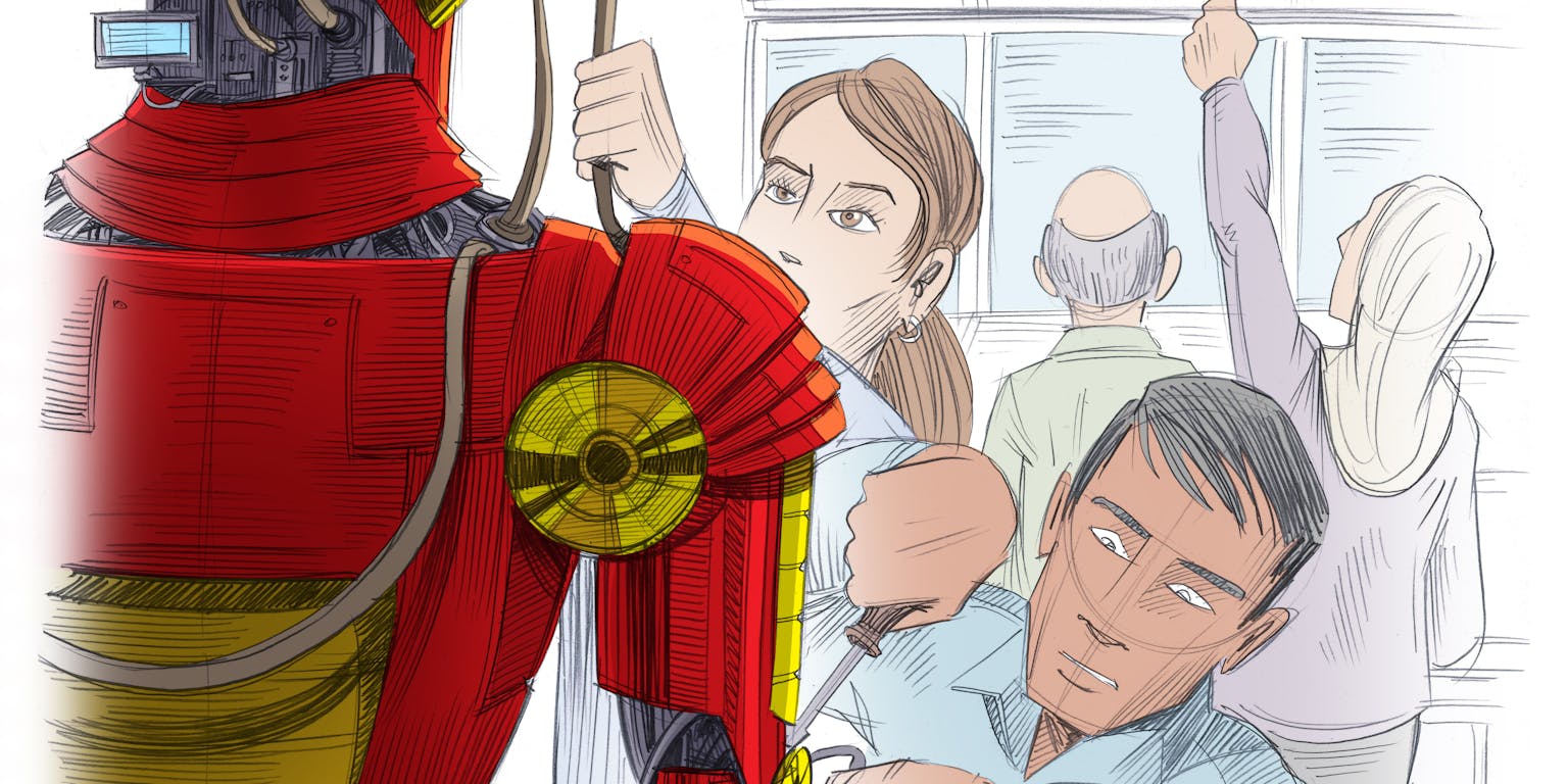 Een illustratie van twee personen die sleutelen aan het pak van Iron Man.