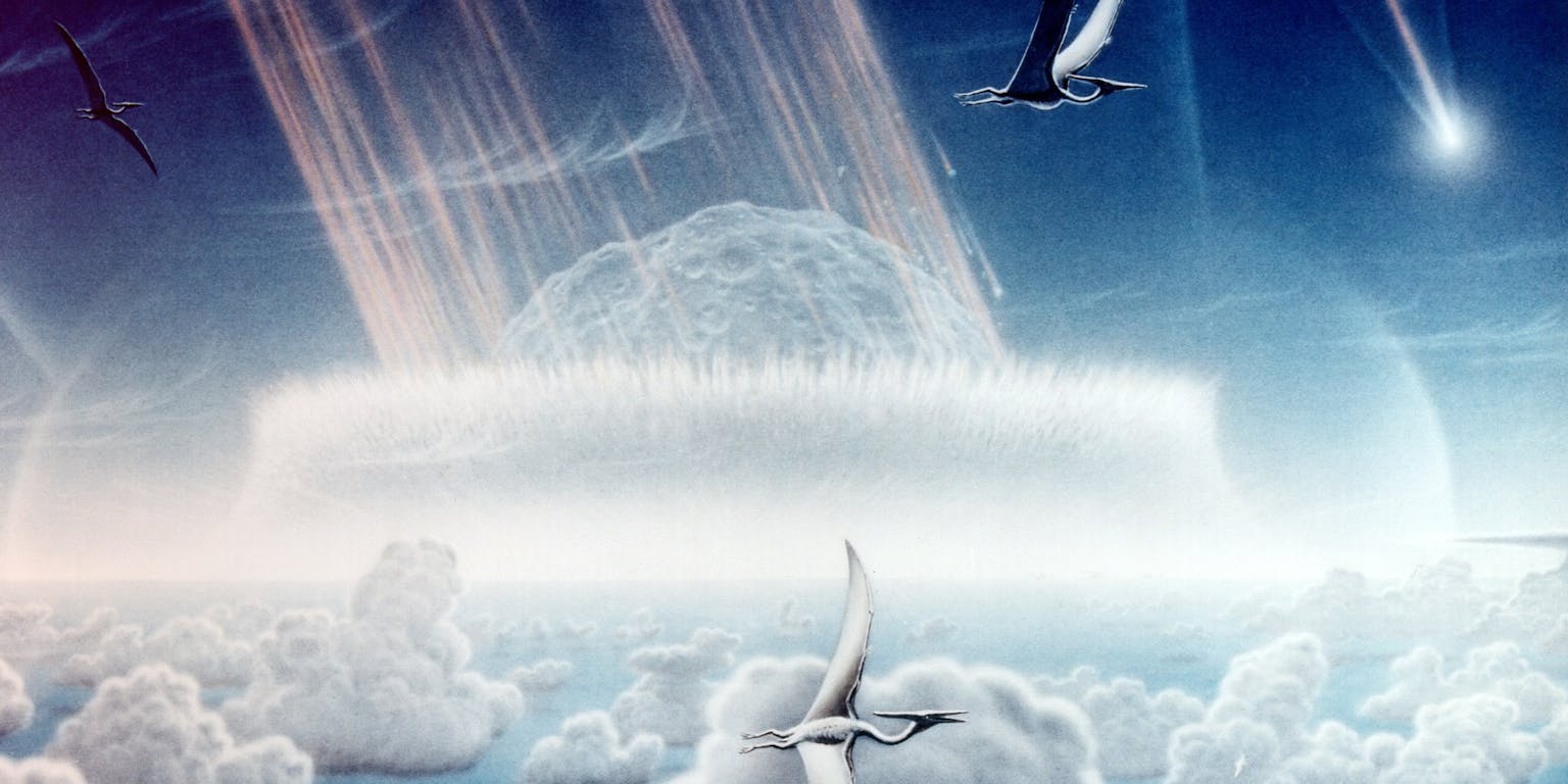 Een tekening van de asteroïde-inslag die 65 miljoen jaar geleden een einde aan het dinosaurus-tijdperk veroorzaakte.