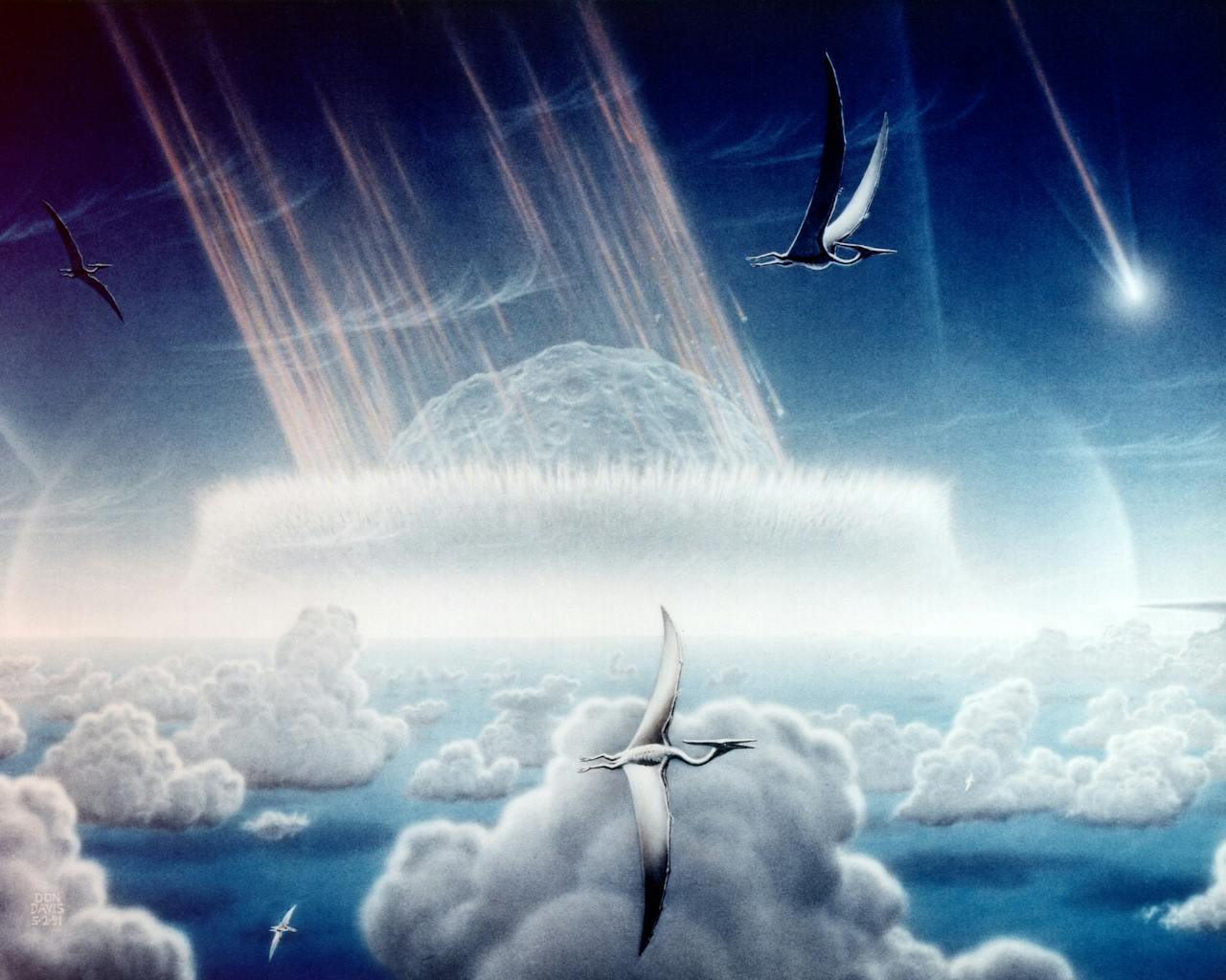 Een tekening van de asteroïde-inslag die 65 miljoen jaar geleden een einde aan het dinosaurus-tijdperk veroorzaakte.