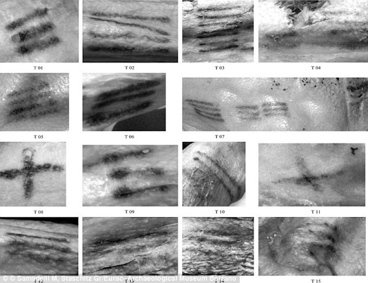 Een serie zwart-witfoto's van verschillende tatoeages op het lichaam van Ötzi.