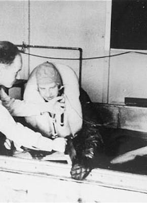Afbeelding van experiment in concentratiekamp waarin twee mannen en derde man in een pilotenpak in een ijsbad helpt.