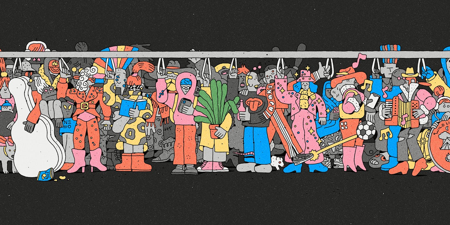 Een illustratie van een diverse groep mensen in het ov.