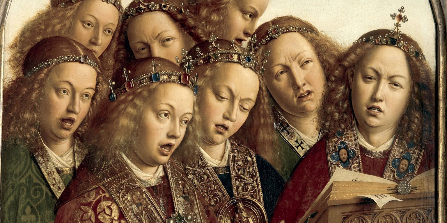 Een fragment van het schilderij het Lam Gods, paneel De Zingende Engelen. De gebroeders Jan en Hubert van Eyck zijn de schilders.