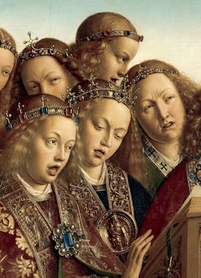 Een fragment van het schilderij het Lam Gods, paneel De Zingende Engelen. De gebroeders Jan en Hubert van Eyck zijn de schilders.