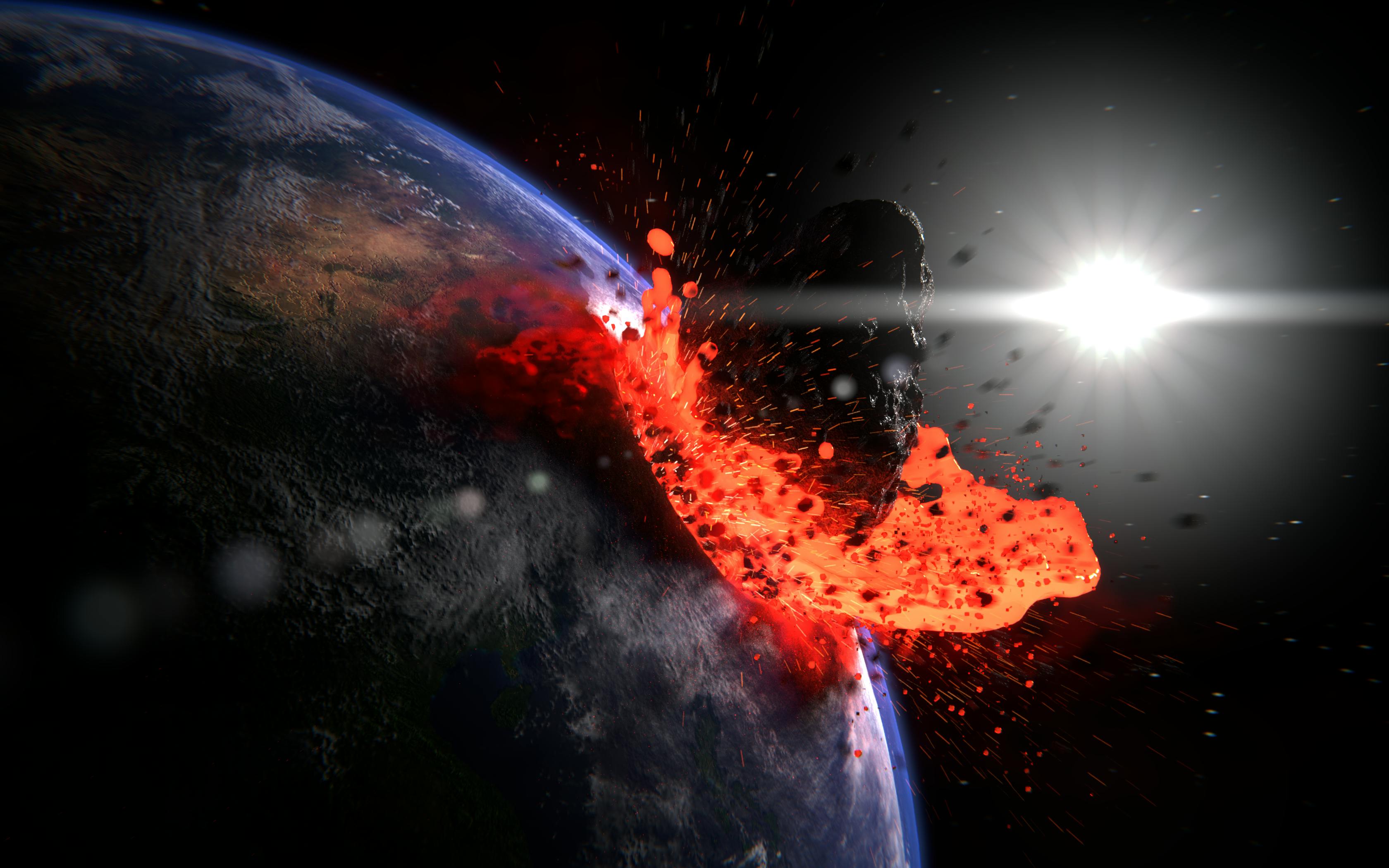 Een artistieke weergave van een asteroïde die de aarde raakt.