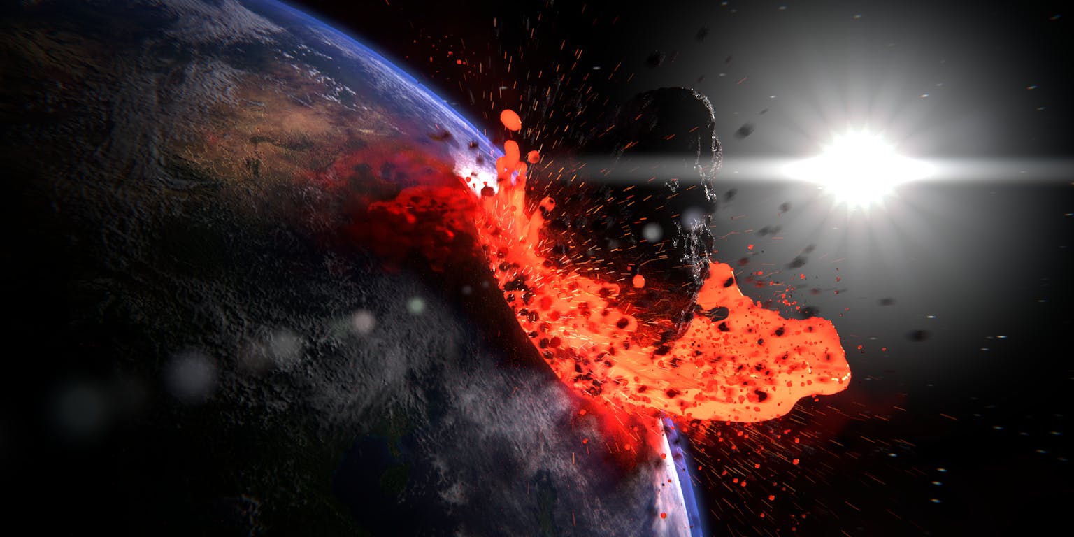 Een artistieke weergave van een asteroïde die de aarde raakt.