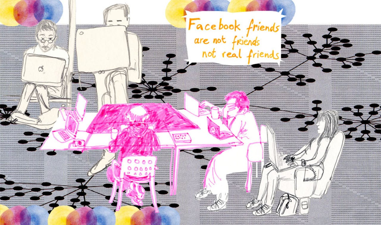 Een tekening van een groep personen achter een laptop. Er staat de volgende tekst in de tekening: Facebook vrienden zijn geen vrienden, geen echte vrienden.