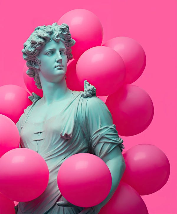 Een standbeeld van een Griekse figuur uit de oudheid, omringd door roze ballonnen