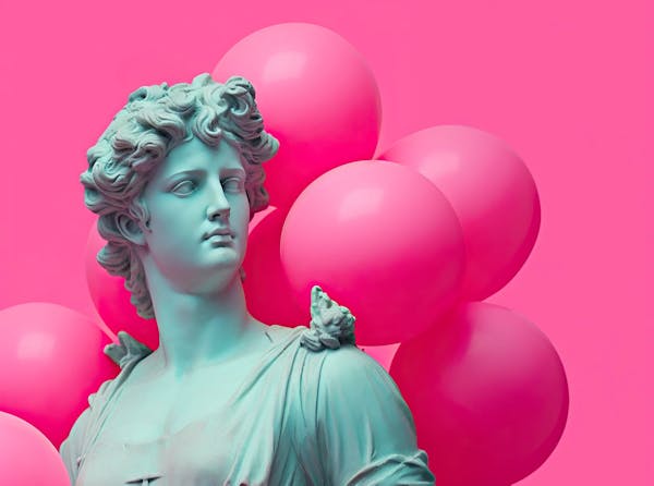 Een standbeeld van een Griekse figuur uit de oudheid, omringd door roze ballonnen