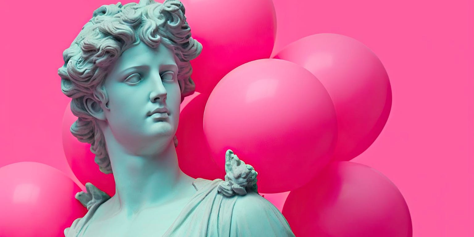 Een standbeeld van een Griekse figuur uit de oudheid, omringd door roze ballonnen