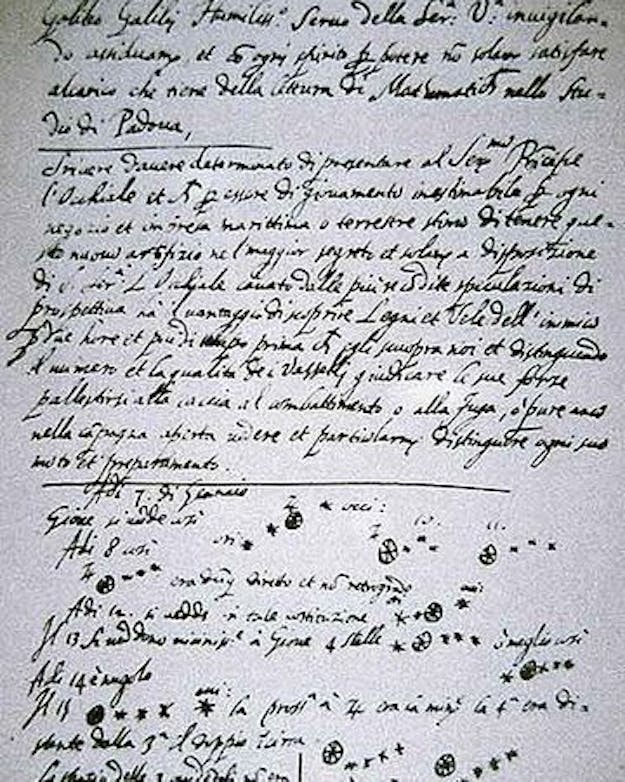 Brief waarin Galilei de publicatie van zijn ‘Sterrenbode’ aankondigt. Rechtsonder zijn eerste schetsen van de vier manen van Jupiter. Handgeschreven brief.