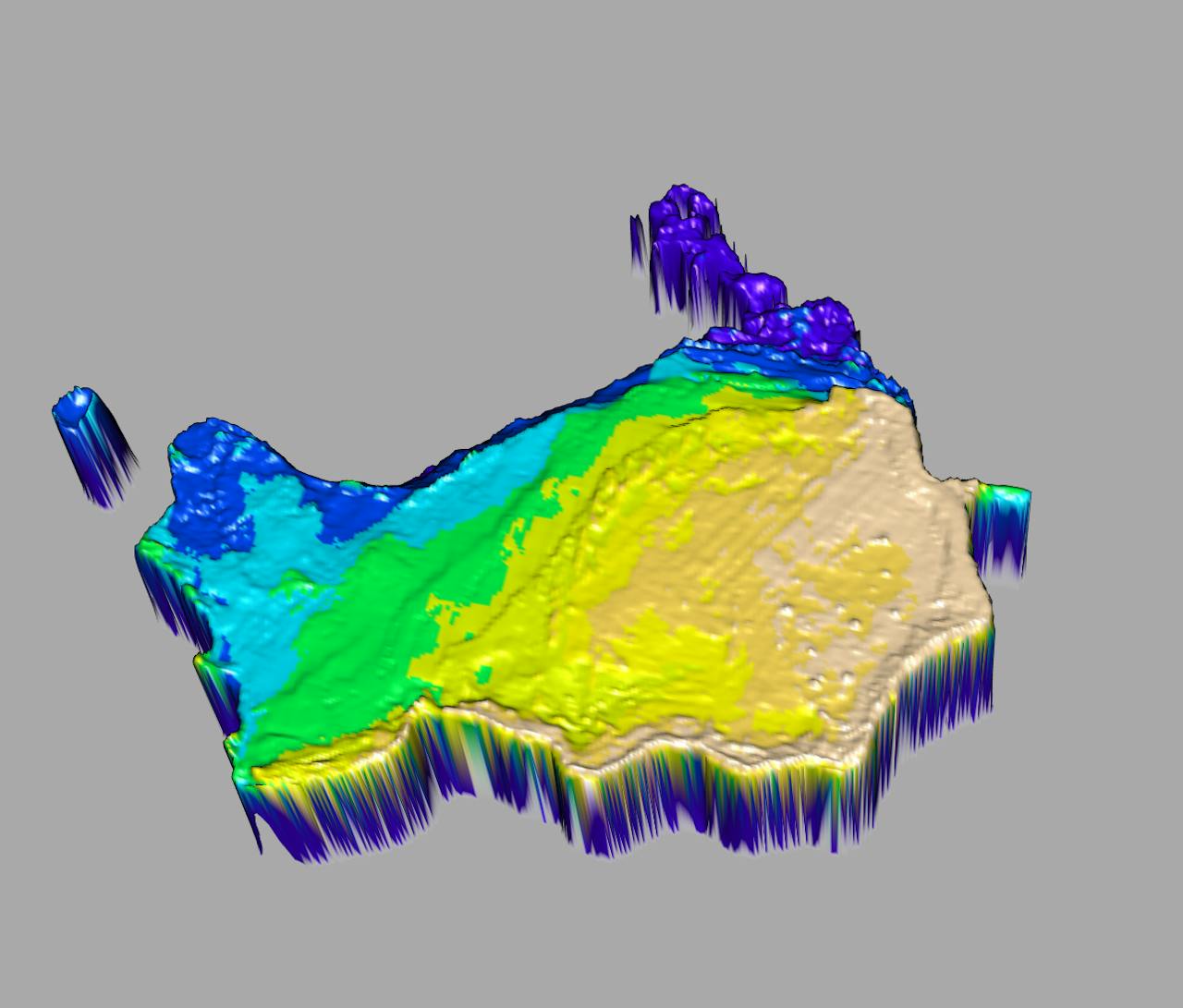 3D-kaart van de Sababank, een gebied van ongeveer 40 bij 60 kilometer. De kaart is gebaseerd op oorspronkelijke data van de Hydrografische dienst. De bodem eromheen ligt rond de 1000 meter dieper. Gemaakt door Erik Meesters op basis van data van de hydrografische dienst van de marine.