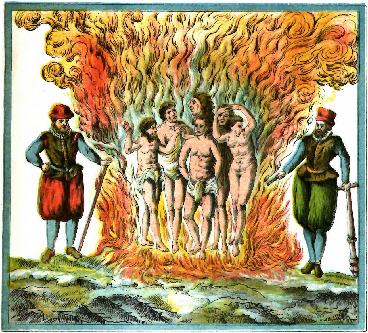 Religieuze conflicten zijn bepaald niet voorbehouden aan de Islam, zo bewees bijvoorbeeld de Katholieke inquisitie. Een tekening van een groep mannen die in een vuur staan.