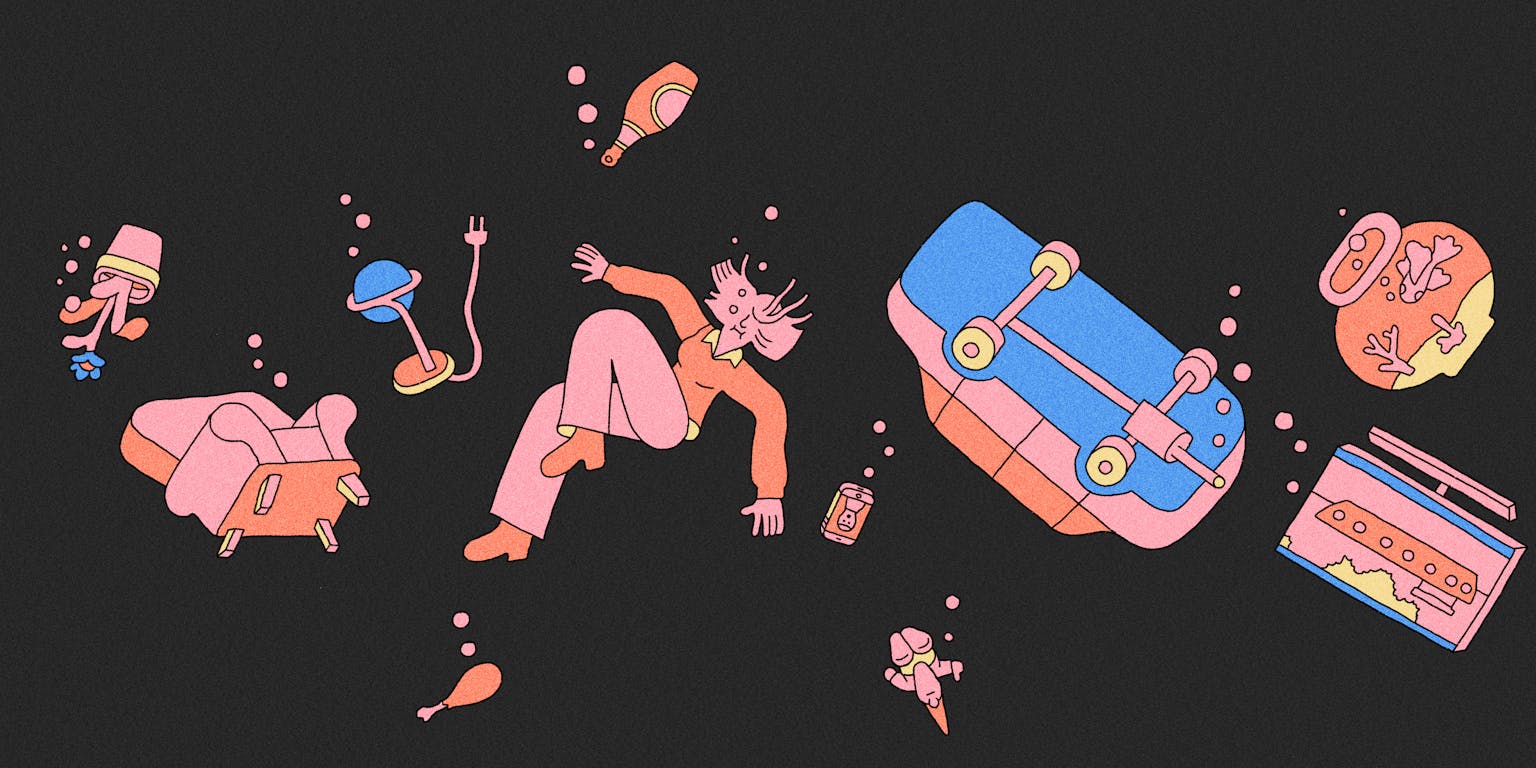 Een illustratie van een persoon zwevend in het donker omringd door allerlei objecten.