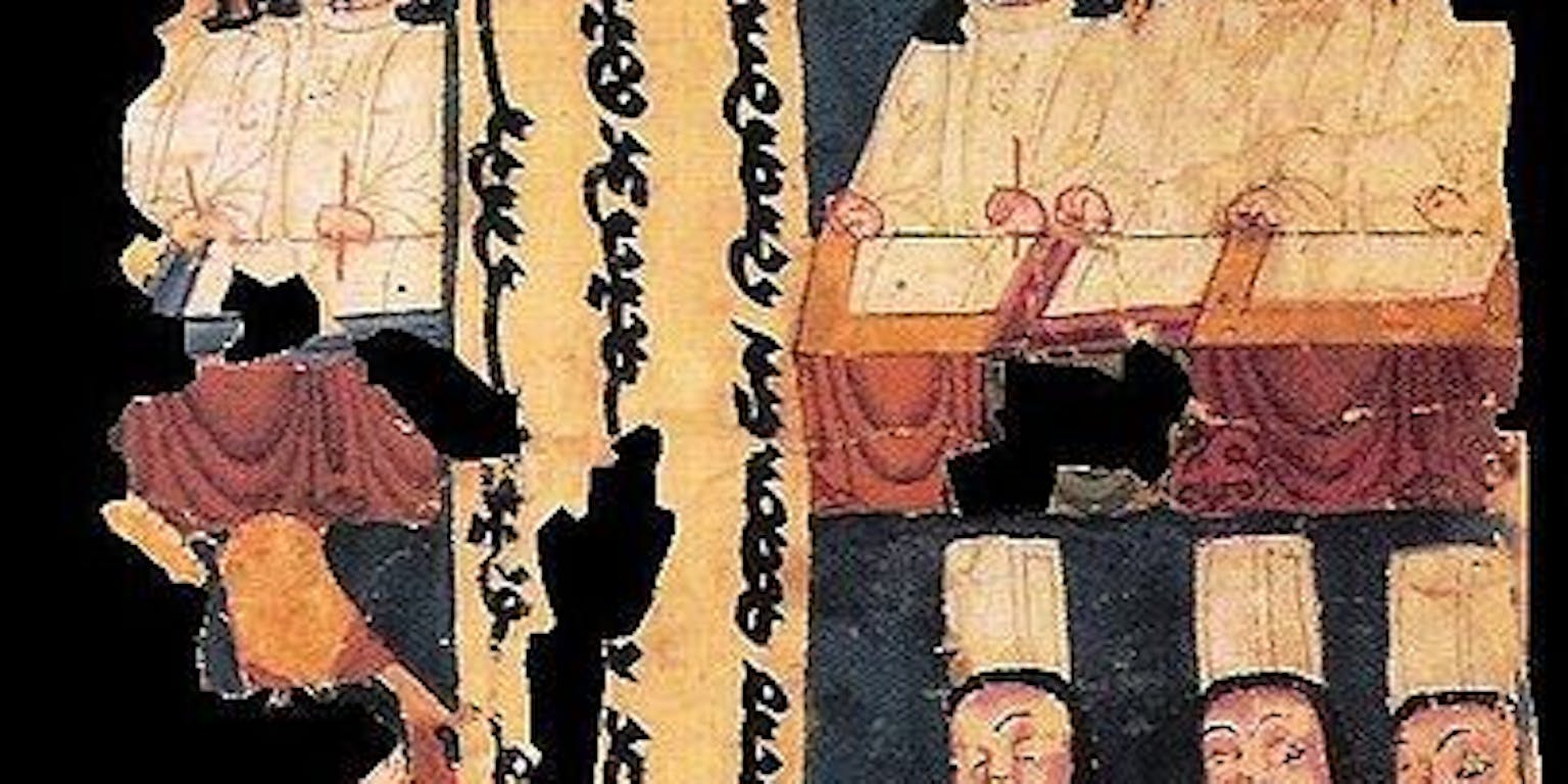 Een afbeelding van Manicheïstische priesters aan een schrijftafel.