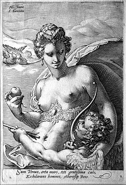 Zwart-wit illustratie van Jan Saenredam waar Venus en Cupido op zijn afgebeeld.