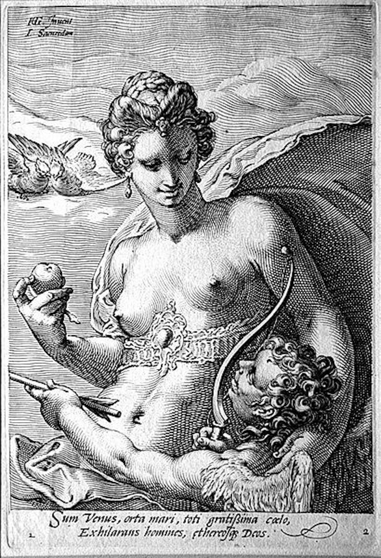 Zwart-wit illustratie van Jan Saenredam waar Venus en Cupido op zijn afgebeeld.