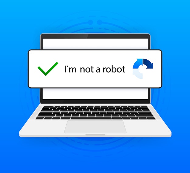 Getekende laptop met vergroot een pop-upscherm met de tekst 'I'm not a robot', op een blauwe achtergrond.