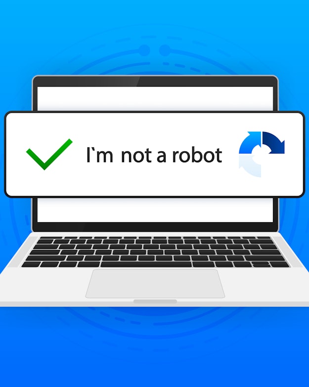 Getekende laptop met vergroot een pop-upscherm met de tekst 'I'm not a robot', op een blauwe achtergrond.