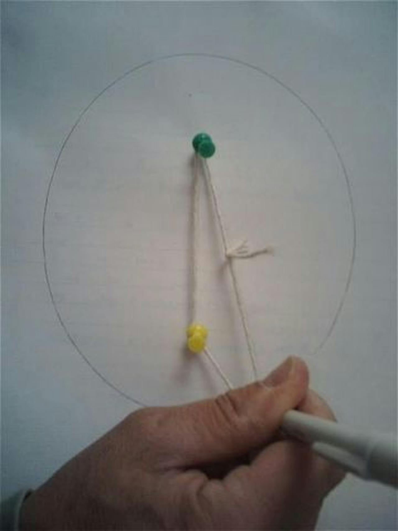 Voorbeeld van hoe je met twee punaises een touwtje en een pen een ellips kan tekenen.