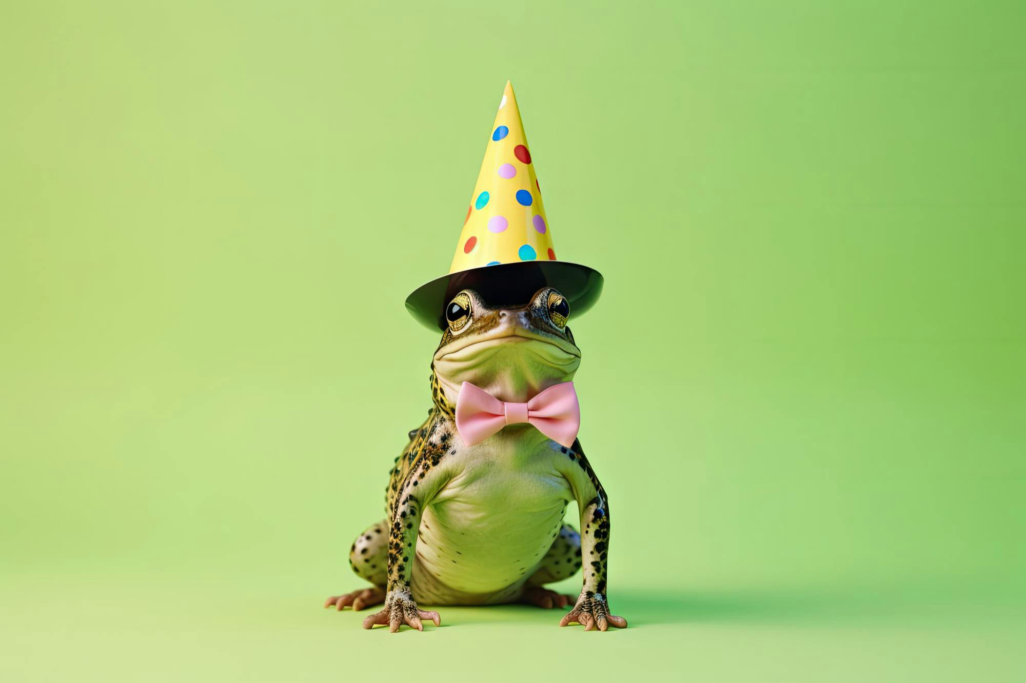 groene kikker met roze strik en feesthoedje met gekleurde stippels, gemaakt door ai