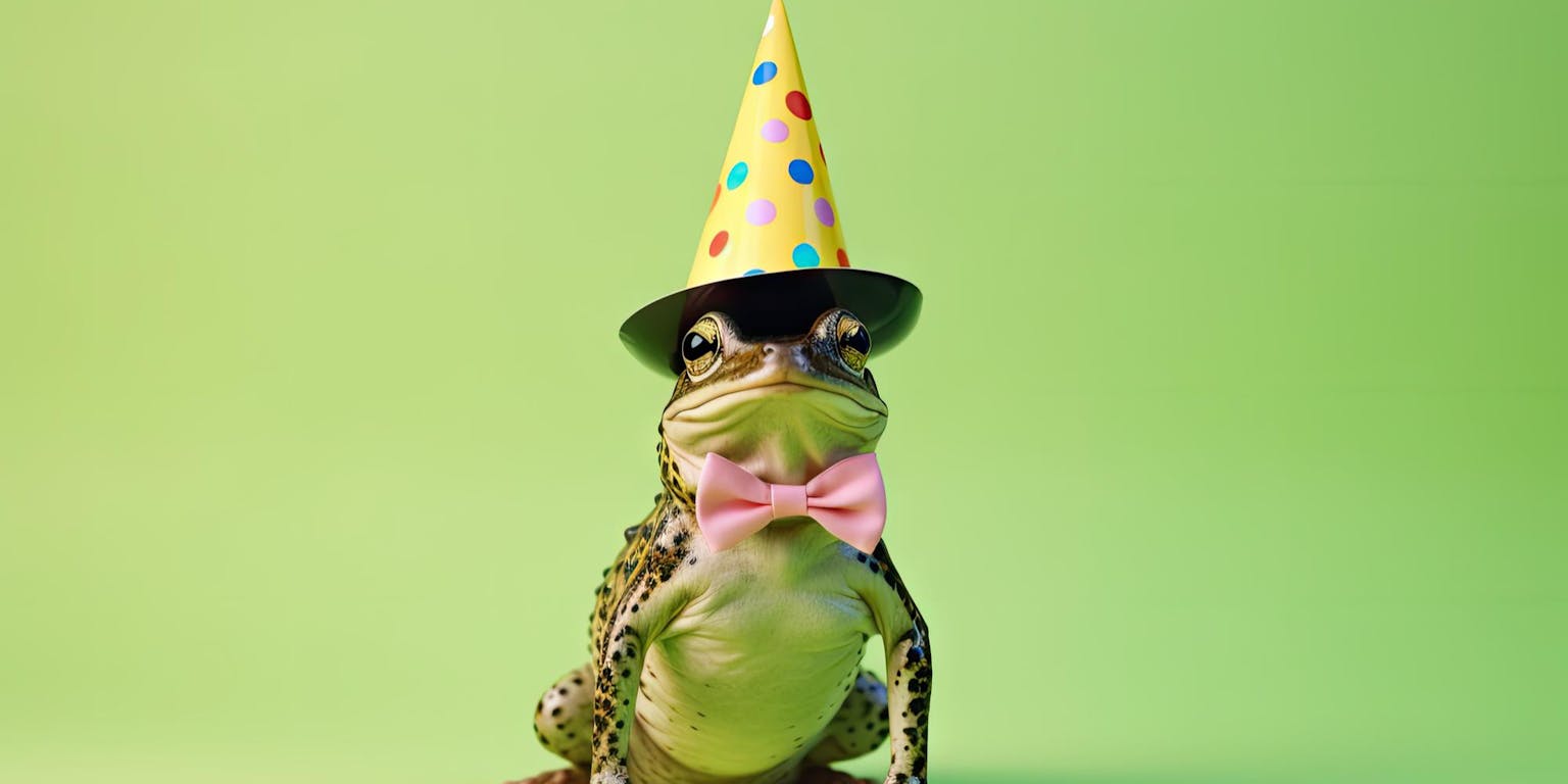 groene kikker met roze strik en feesthoedje met gekleurde stippels, gemaakt door ai