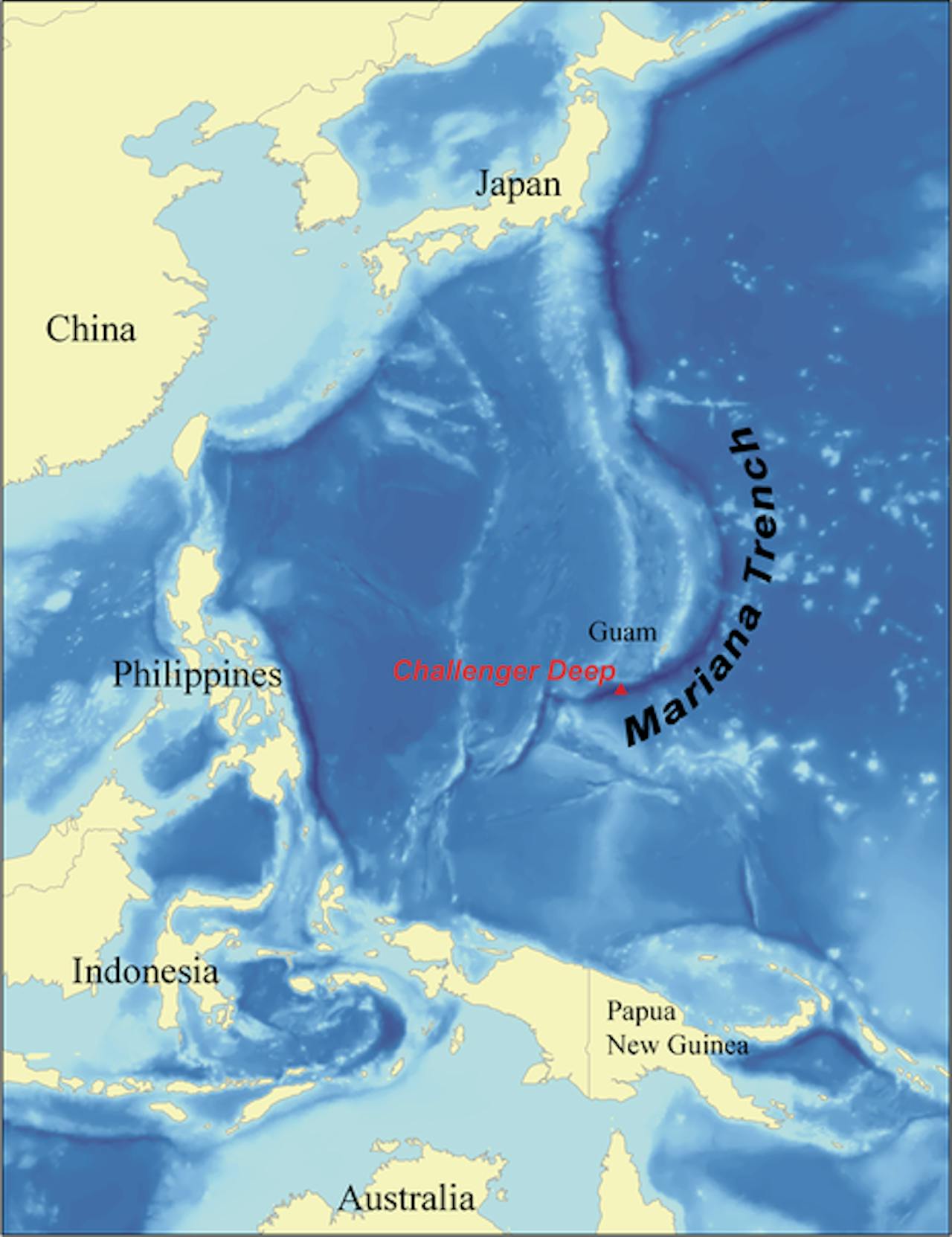 Een kaart van Mariana Trench, het diepste punt van de aarde.